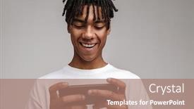  Presentation with mobile games - Presentation theme featuring portrait-of-a-smiling-young background and a coral colored foreground