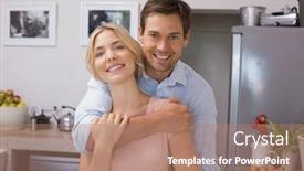  Presentation with kitchen - PPT layouts featuring portrait of a smiling young man embracing woman from behind in kitchen at home background and a coral colored foreground