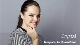  Presentation with stripe - PPT theme featuring portrait of a smiling young woman with long brunette hair on gray studio background wearing black and white stripe top background and a gray colored foreground