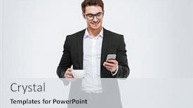  Presentation with man holding phone - Audience pleasing slide set consisting of portrait of a smiling young business man holding cup of coffee and using mobile phone isolated on a white background backdrop and a sky blue colored foreground