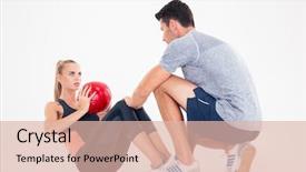  Presentation with ball sports - Cool new slides with portrait of a sports woman doing abs exercises with weight ball isolated on a white background backdrop and a lemonade colored foreground