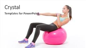  Presentation with ball sports - PPT theme having portrait of a sports woman doing exercises with dumbbells on fitness ball isolated on a white background background and a white colored foreground