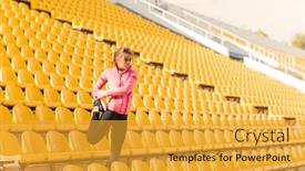  Presentation with sports - Cool new presentation theme with portrait of a sports woman doing warm up exercises at stadium backdrop and a gold colored foreground