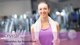  Presentation with sporty - Colorful theme enhanced with portrait of a sporty young woman with towel in a gym backdrop and a coral colored foreground