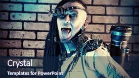  Presentation with steampunk - Presentation design with portrait of a steampunk man with a mechanical devices over brick wall background and a navy blue colored foreground