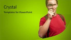  Presentation with green glass - Audience pleasing presentation consisting of portrait of a student looking through magnifying glass on green background backdrop and a gray colored foreground