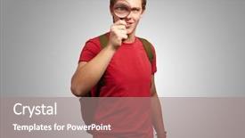  Presentation with looking glass - PPT theme consisting of portrait of a student looking through magnifying glass on gray background background and a coral colored foreground