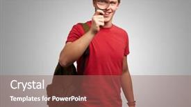  Presentation with looking glass - Amazing PPT theme having portrait of a student looking through magnifying glass on gray background backdrop and a violet colored foreground
