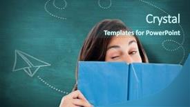  Presentation with green chalkboard - Slide deck consisting of portrait of a student winking behind a blue book against green chalkboard background and a ocean colored foreground