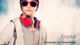  Presentation with youth - Colorful presentation design enhanced with portrait of a stylish teen boy wearing sunglasses and hat holding in hand skateboard over grunge background modern life of youth backdrop and a lemonade colored foreground