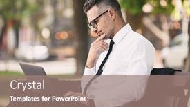  Presentation with formal - Theme having portrait of a successful young businessman dressed in formal clothes sitting outside on a bench and working on laptop computer background and a coral colored foreground