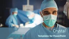  Presentation with healthcare workers - Amazing slide deck having portrait of a surgeon in operation room at the hospital healthcare workers in the coronavirus covid19 pandemic backdrop and a ocean colored foreground