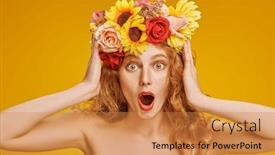  Presentation with beauty cosmetics - PPT theme with portrait-of-a-surprised-beautiful background and a gold colored foreground