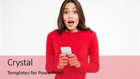  Presentation with portrait of excited overjoyed female - PPT theme featuring portrait of a surprised excited background and a red colored foreground