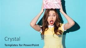  Presentation with sportswoman boxing woman - PPT layouts featuring portrait of a surprised shocked young woman in dress holding present box above her head isolated over blue background background and a arctic colored foreground