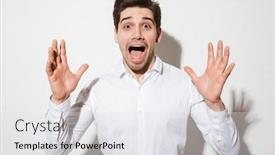  Presentation with shadow - Amazing PPT layouts having portrait of a surprised young man dressed in shirt screaming over white wall background with a shadow backdrop and a white colored foreground