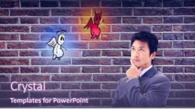  Presentation with red brick wall - Slide set consisting of portrait of a thoughtful businessman with the arms crossed against red brick wall background and a violet colored foreground