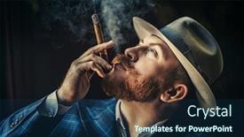  Presentation with cigar - Presentation design with portrait-of-a-thoughtful-man background and a navy blue colored foreground