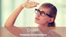  Presentation with secretary - Slide set featuring portrait of a thoughtful young woman in blue shirt and glases student secretary or buisnesswoman background and a coral colored foreground