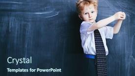 Presentation with kids fashion - PPT theme having portrait of a tired young schoolboy near the blackboard kids fashion for school elementary school education background and a navy blue colored foreground
