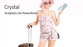  Presentation with ticket - PPT layouts consisting of portrait of a tourist girl holding a ticket and luggage isolated on white background background and a sky blue colored foreground