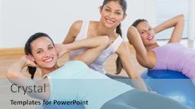  Presentation with gym ball - Slide set with portrait of a trainer helping young woman with fitness ball at a bright gym background and a light blue colored foreground