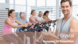  Presentation with spinning - PPT layouts having portrait of a trainer with people working out at spinning class in gym background and a coral colored foreground