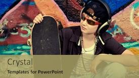  Presentation with headphones - Slide set with portrait of a trendy boy teenager with headphones and skateboard outdoors background and a yellow colored foreground