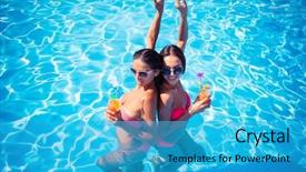  Presentation with underage drinking two teenagers having - Slide deck with portrait of a two attractive girls drinking cocktails in swimming pool background and a teal colored foreground