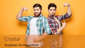  Presentation with flexing - PPT theme having portrait of a two happy young men standing and flexing biceps isolated over yellow background background and a gold colored foreground