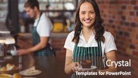 Presentation with coffee shop - Cool new PPT theme with portrait of a waitress holding backdrop and a tawny brown colored foreground