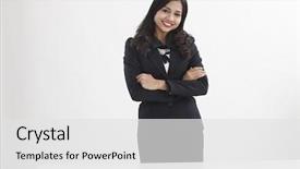  Presentation with well - Beautiful presentation theme featuring portrait of a well-dressed young business woman with cross-armed backdrop and a white colored foreground