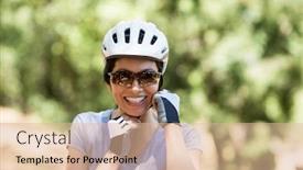  Presentation with rider - Cool new presentation theme with portrait of a woman bike rider smiling on the wood backdrop and a lemonade colored foreground