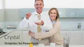  Presentation with breakfast - Cool new slide set with portrait of a woman embracing man while having breakfast in the kitchen backdrop and a mint green colored foreground