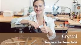  Presentation with workshop tools - Beautiful slide deck featuring portrait-of-a-woman-goldsmith backdrop and a coral colored foreground