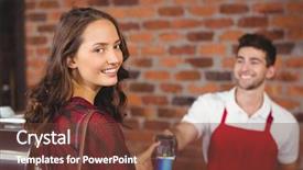  Presentation with coffee shop - Slide deck featuring portrait of a woman handing background and a tawny brown colored foreground