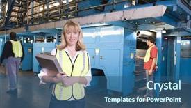  Presentation with factory - Cool new slides with portrait of a woman holding clipboard with operators in background at the factory backdrop and a ocean colored foreground