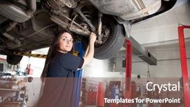  Presentation with mechanic - Presentation theme consisting of portrait of a woman mechanic working on the underside of a car background and a violet colored foreground