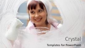  Presentation with glass - PPT theme featuring portrait-of-a-woman-polishing background and a light gray colored foreground