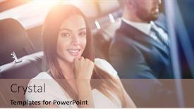  Presentation with car seat - PPT theme enhanced with portrait of a woman in a white dress in her car in the back seat background and a coral colored foreground