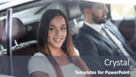  Presentation with car seat - PPT theme enhanced with portrait of a woman in a white dress in her car in the back seat background and a ocean colored foreground