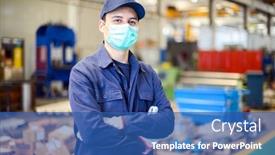  Presentation with coronavirus - Presentation design with portrait-of-a-worker background and a ocean colored foreground