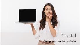  Presentation with laptop blank screen - Audience pleasing presentation theme consisting of portrait of a worried asian businesswoman showing blank screen laptop computer isolated over white background backdrop and a soft green colored foreground