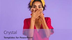  Presentation with african violet - Colorful slide deck enhanced with portrait of a worried young african woman in headband standing over violet background cover mouth backdrop and a light blue colored foreground