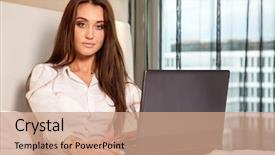  Presentation with bed hotel - Beautiful PPT theme featuring portrait of a young adult beauty attractive sexy and sensuality happy pretty brunette businesswoman using laptop while lying on bed in hotel room backdrop and a coral colored foreground