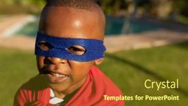  Presentation with superhero - Beautiful presentation design featuring portrait of a young african american boy dressed in a superhero costume with a red cape and a blue mask in a garden looking to camera backdrop and a tawny brown colored foreground