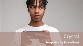  Presentation with mobile games - Presentation design enhanced with portrait-of-a-young-african background and a coral colored foreground