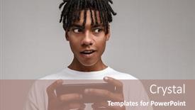  Presentation with mobile games - Presentation theme featuring portrait-of-a-young-african background and a coral colored foreground