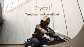  Presentation with motorbike - Presentation design consisting of portrait of a young african man in helmet sitting on a motorbike and looking away outdoors background and a sky blue colored foreground