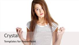  Presentation with angry teen - PPT theme enhanced with portrait of a young angry caucasian female teen on white background and a soft green colored foreground